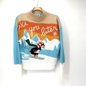 Major Label Skiing Winter Knit Sweater Women's Large Ski You Later Penguin